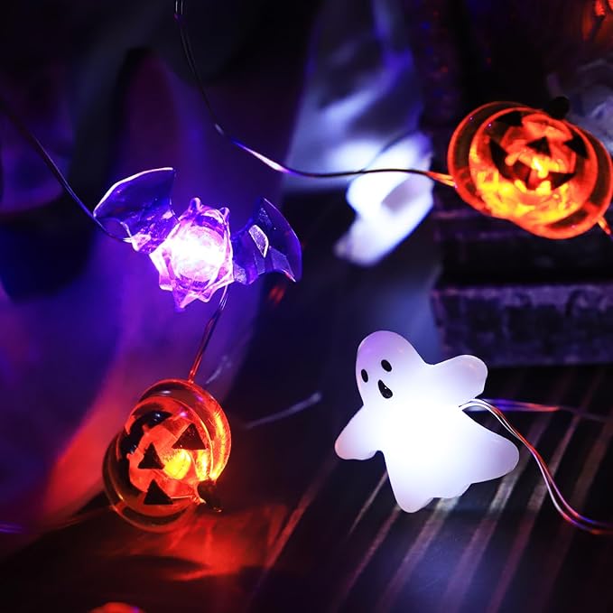 Halloween Lights White Ghost Purple Bat Orange Pumpkin, 30 LED Copper String Lights with Remote Control Battery Operated Fairy Lights for Cosplay Party, Gothic Halloween Decor (White, Purple, Orange)