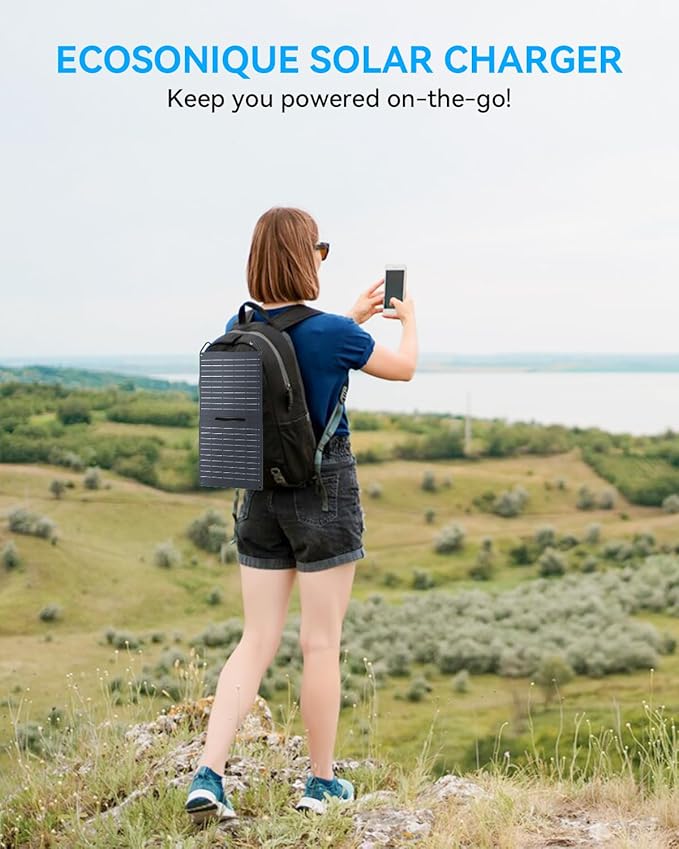 Ecosonique 15W Small Solar Charger Panels with USB C USB A Fast Charging Foldable Emergency Power Panels for Camping Backpacking Compatible with Cell Phone, iPhone, Samsung Galaxy, Google Pixel, LG