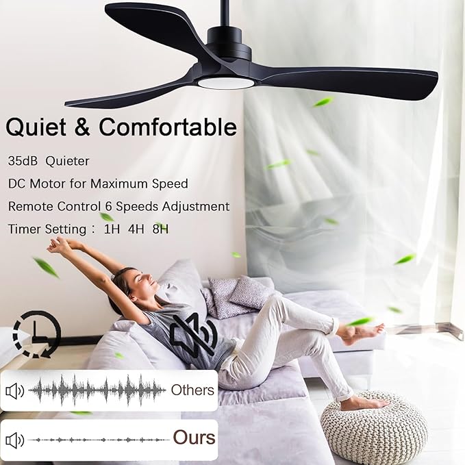 52" Ceiling Fans with Lights with Remote Control Ceiling Fan, 3 Wood Blades, Solid Wood Ceiling Fan Indoor Outdoor for Dining Room, Living Room, Farmhouse, etc. (Black)…