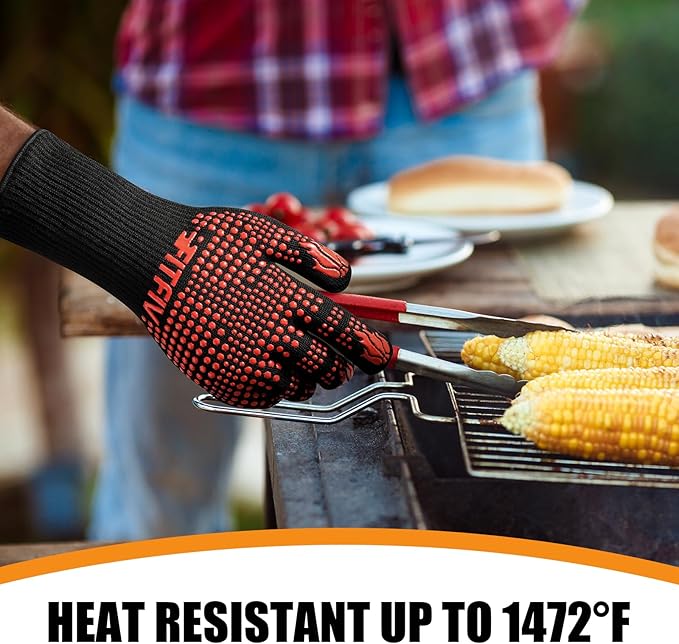 BBQ Gloves, Oven Gloves, 1472°F Extreme Heat Resistant Barbecue Gloves, Silicone Non-Slip Oven Mitts, Kitchen Gloves for Cooking, Grilling, and Baking (Red)