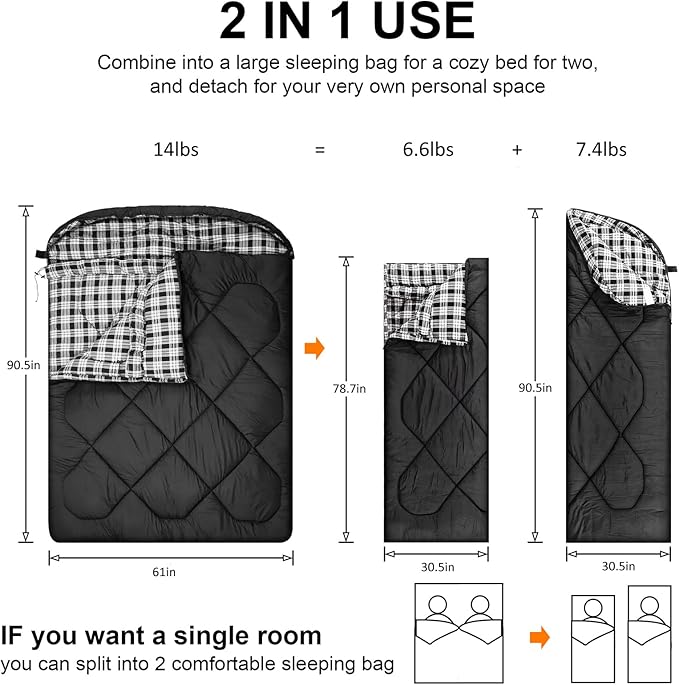 AGEMORE 0 Degree Double Sleeping Bag for Adults, Cotton Flannel Lined 2 Person Queen Size Warm Sleeping Bag for Family Winter Camping or RV Traveling