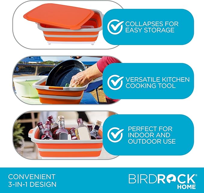 BIRDROCK HOME Collapsible XL BBQ Prep Tub w/Cutting Board, Multi-Function Grill Caddy w/Colander & Lid, Portable Silicone Dish Bowl for Picnic, Tailgate, Camping - Orange