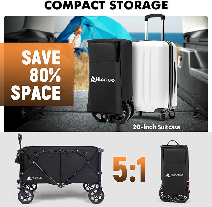 Hikenture Collapsible Wagon 330LBS Capacity, 200L Extra Large Wagons Carts Foldable, Heavy Duty Folding Wagons with All-Terrain Wheels, Utility Beach Cart for Outdoor Garden, Black