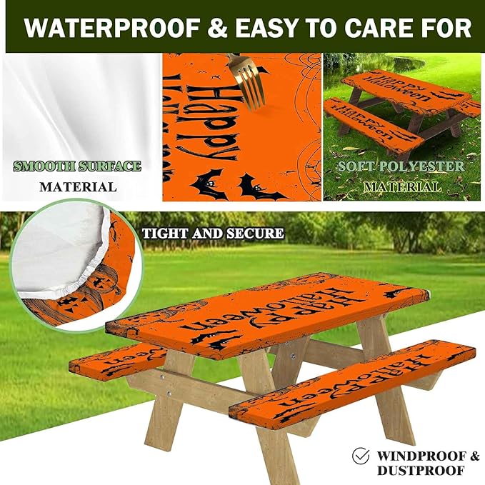 CAPSCEOLL Fitted Picnic Table Cover with Bench Covers with Elastic 8Ft Waterproof Picnic Table Cloths Windproof Outdoor Camping Tablecloth with Drawstring Bag, 96X30in, Happy Halloween