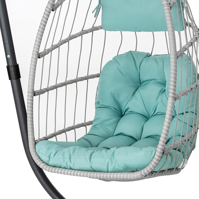 Yechen Egg Swing Chair with Stand, Patio Wicker Rattan Hanging Chair Swing Hammock Egg Chairs with UV Resistant Cushion for Indoor Bedroom Outdoor Garden Backyard, Light Blue (QH1912050036USBL)