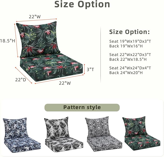 Favoyard Outdoor Seat Cushion 22 x 22 x 3 in Waterproof Pattern Fade Resistant Cover Removable Patio Furniture Cushions Deep Seat & Back Cushion Set with Adjustable Straps for Patio Chair Sofa Couch