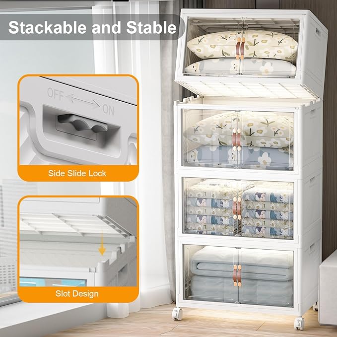 Extra Large Stackable Storage Bins with Lids & Wheels & Door, 960QT-160QT/40GAL*6Pack Foldable Collapsible Closet Organizers, Plastic containers drawers for bedroom Dorm