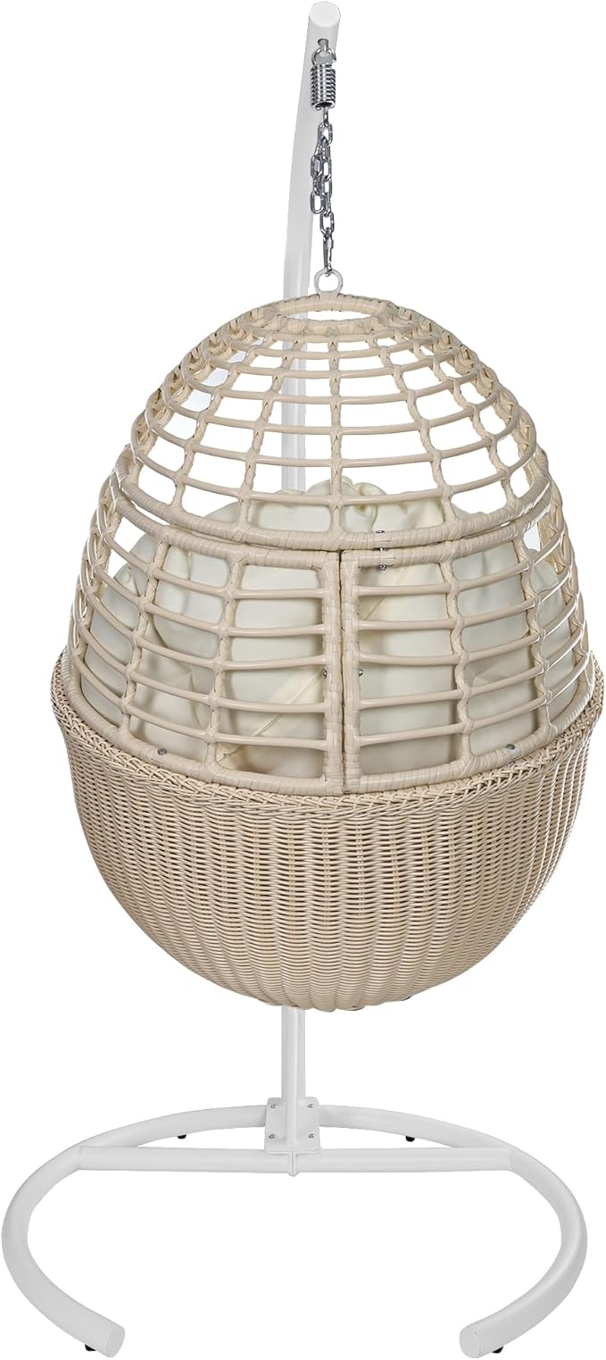 TWT Hanging Egg Chair with Stand, 330lbs Capacity Patio Wicker Egg Swing Chair with UV Resistant Cushion for Bedroom Garden Indoor Outdoor (Beige)