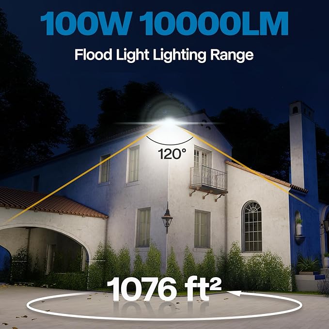 2 Pack Outdoor Flood Light, 10000LM Super Bright LED Work Light with 5.9FT Plug, IP65 Waterproof 6000K Daylight White LED Flood Light with 180°Adjustable Bracket for Garage, Yard