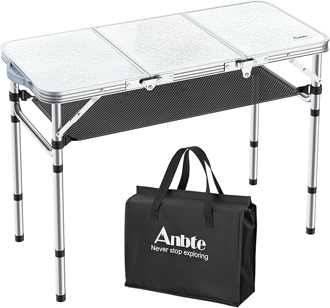 Folding Camping Table with Storage Net, 3ft Camping Table Aluminum Folding Table with 3 Adjustable Height Max 27.1 Inch, Portable, for Outdoor Backyard BBQ, Silver