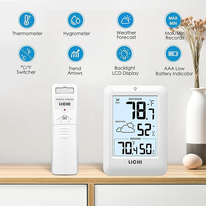 Indoor Outdoor Thermometer Wireless Weather Station, Internal External Thermometer Hygrometer, Home Batteryoperated Temperature Humiditymonitors330 Feet (About 100 Meters) Backlight Display (White)