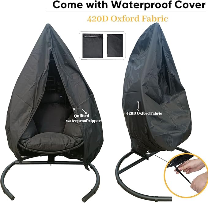 JOYBASE Hanging Egg Chair with Stand, Outdoor Wicker Rattan Egg Swing Chair with Stand and Cushion for Indoor Outdoor Bedroom Patio Garden (Grey/Black)