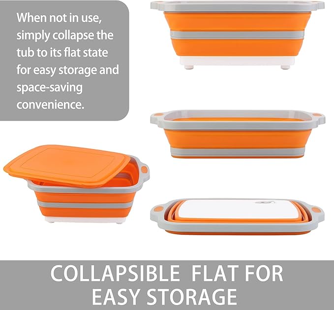 Collapsible Cutting Board with Container, Foldable Camping Sink with Colander, BBQ Prep Tub with Lid, Multifunction Dish Basin for Kitchen, Bowl, Vegetable and Fruit, 2.11 Gal/8L Storage Basket