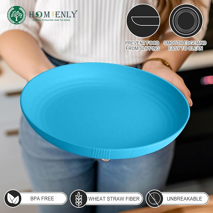 Homienly Wheat Straw Plates, 10 inch Deep Dinner Plates, Service for 8, Unbreakable Plates for Outdoor, Lightweight Microwave and Dishwasher Safe Camping Plate Set for Dinner, Salad, Fruit - Sky Blue
