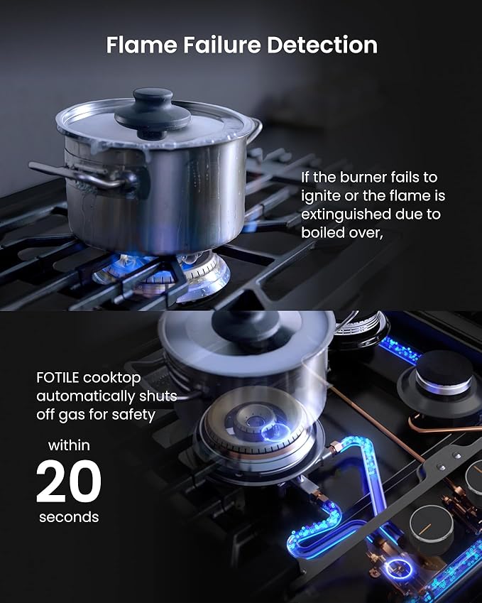 FOTILE GLG36501 36” Black Tempered Glass 5-Burner Gas Cooktop, Tri-Ring 18,000 BTUs Left Burner with Flame Failure Protection Removable Grates and Installation/LP Kit