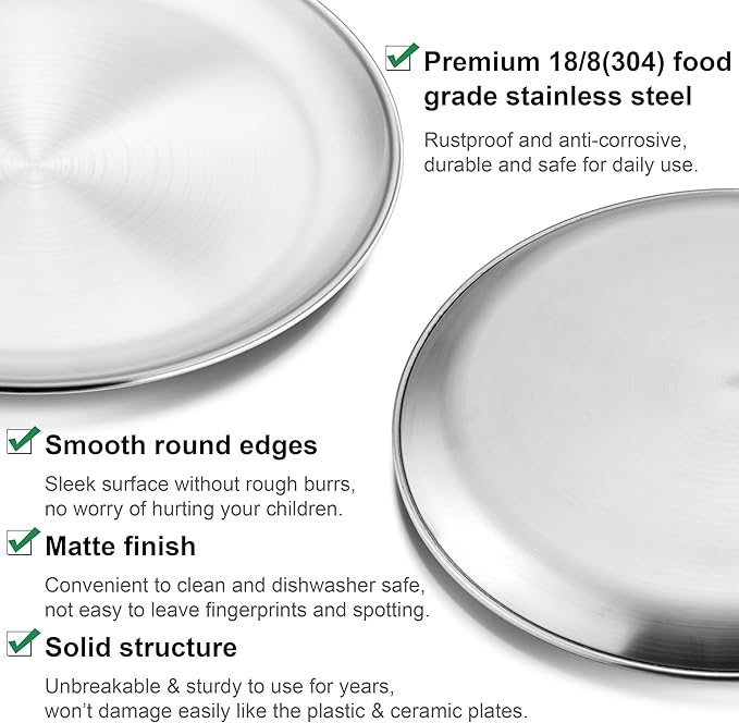 Homikit Stainless Steel Plates for Kids, 4-Piece 10.2 Inch Metal 304 Kids Toddler Plates for Children Adults, 18/8 Non Toxic Dinner Camping Dishes Set of 4, Dishwasher Safe & Reusable