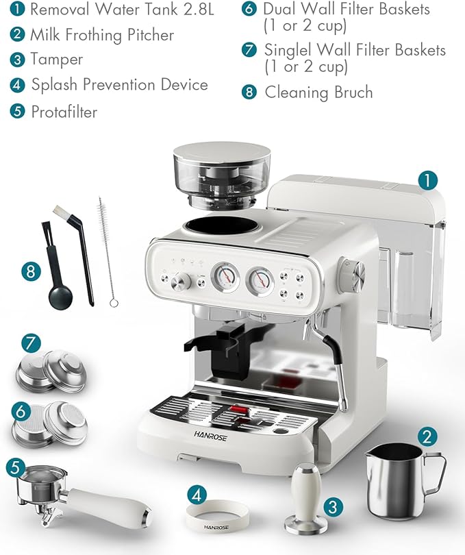 Espresso Machine With Grinder, 20 Bar Espresso Machine with Milk Frother Steam Wand, Espresso Machines for Home, Expresso Coffee Machines Professional, Cappuccino Latte Machine