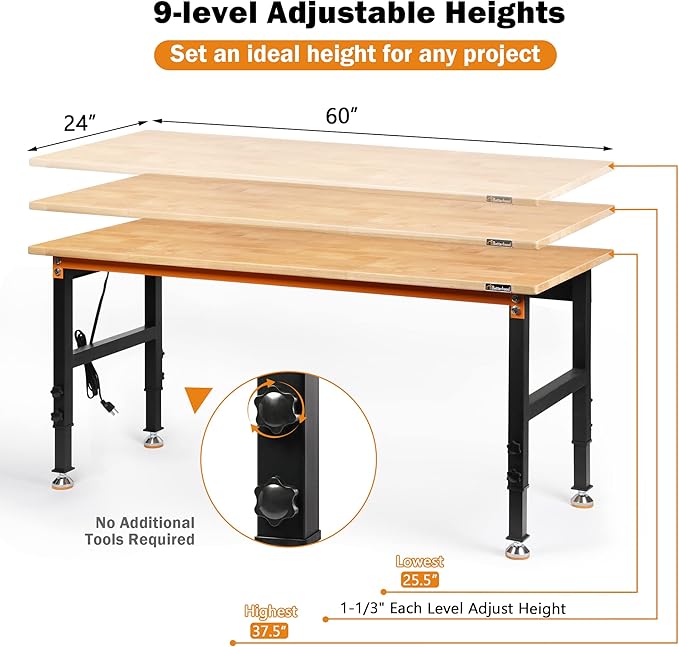 Adjustable Height Workbench, 60" Rubber Wood Top Heavy Duty Workstation with Power Outlets, 2000 LBS Load Capacity Hardwood Worktable for Workshop, Garage, Office, Home, Commercial