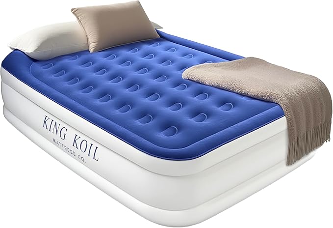 King Koil Luxury Queen Air Mattress with Built-in Pillow & Ultra-Fast Built-in High-Speed Pump, 20″ Inflatable Premium Airbed, Waterproof, Adjustable Firmness, 1-Year Manufacturer Warranty