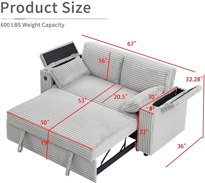 68.11" Corduroy Sleeper Chair Bed with USB Port, Cup Holders & Side Storage Pockets – 3-in-1 Foldable Sofa Bed for Guest Room, Living Room (ZY-1110-Light Gray)