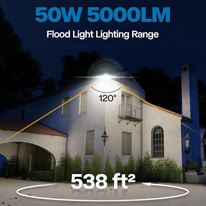 2 Pack Outdoor Flood Light, 5000LM Super Bright LED Work Light with 5.9FT Plug, IP65 Waterproof, 6000K Daylight White, 180Adjustable Bracket for Garage, Yard