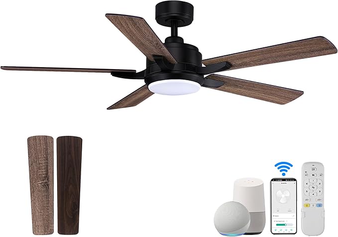 52” Smart Ceiling Fans with Lights Remote,Quiet DC Motor,Outdoor Indoor Modern Ceiling Fan,Voice Control via WIFI Alexa App,6-speed,Dimmable Ceiling Fan for Bedroom Patio,Black& Walnut Brown
