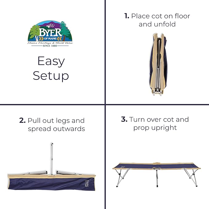 BYER OF MAINE Easy Cot - Extra Large Folding Cot - Heavy Duty for Indoor and Outdoor Use - Bed for Adults - 78”L X 31”W X 18”H - 330 lb Capacity