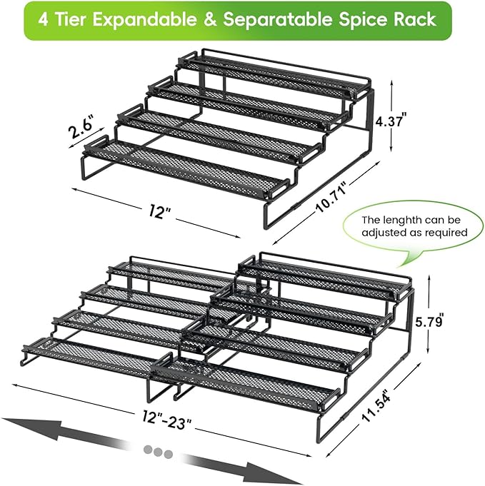 4 Tier Spice Rack Organizer for Inside Cabinet Expandable Display Riser Shelf Seasoning Organizer for Countertop Cupboard Pantry Adjustable Step Storage Holder with Protection Railing (Black, 2PC)