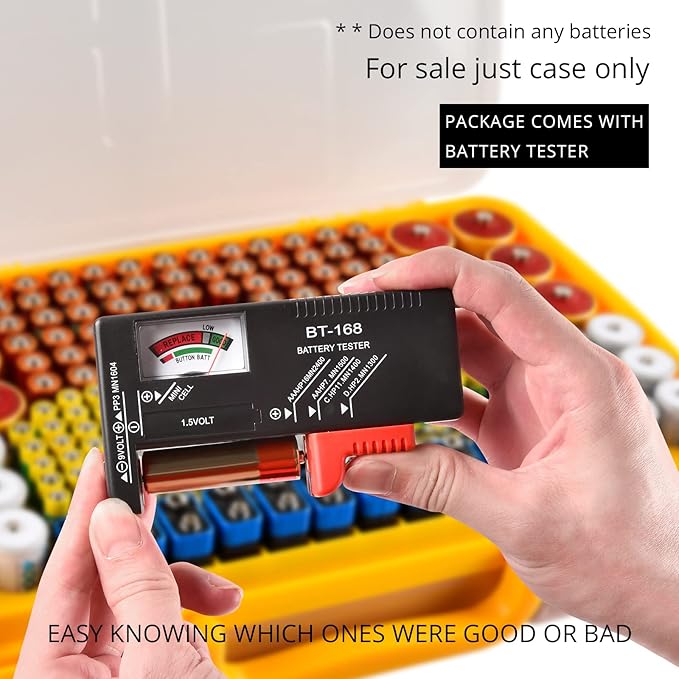 Battery Organizer Storage Holder Box Case with Tester- 269 Batteries Double-Sided Variety Pack, Holds AA AAA 4A C D Cell 9V 3V Lithium LR44 CR2 CR123 CR1632 18650 Button- Yellow (Box Only)