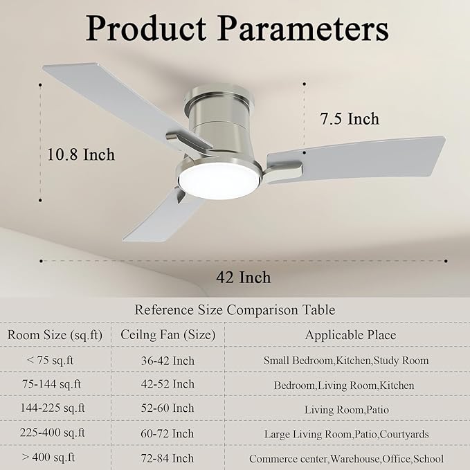 42 Inch Ceiling Fans with Lights and Remote,Brushed Nickel Low Profile Ceiling Fan with Light,Reversible,Flush Mount,6 Speeds,3CCT Dimmable,for Bedroom,Living Room,Indoor Patio