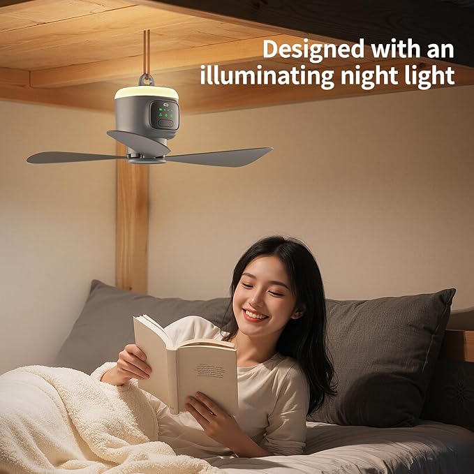 VVU&CCO 18' Portable Ceiling Fan with Light for Patio Canopy Tent Porch RV, 4 Speed Adjustment with Lighting, 8 Hours Timer & Use Time Up to 30H, 12000mAh Battery -operated Ceiling Fan with Remote