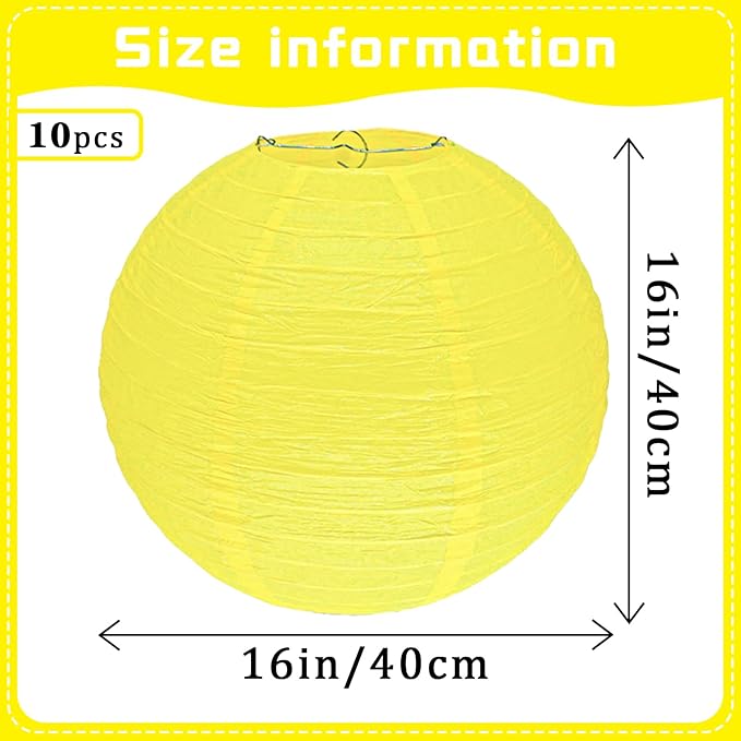 10Pcs 16 Inch Round Paper Lanterns for Home Decor, Restaurant, Church, Wedding, Birthday Party Decorations, Hanging Chinese Japanese Paper Lantern Lamps (Yellow)