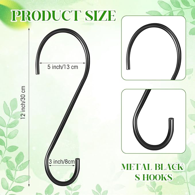 12 Pack Large S Hooks for Hanging Plants Black Metal Plant Hanger Outdoor Hanging Tree Hooks for Branch, Bird Feeder, Basket, Lantern, Indoor Closet Garden (12 Inch)