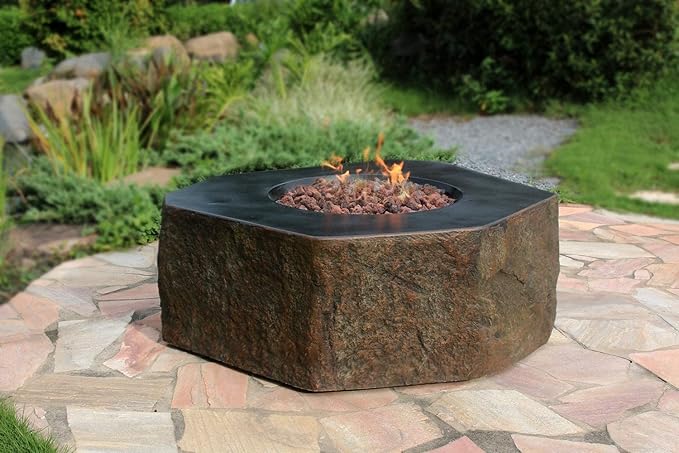 Elementi | Columbia Gas Fire Pit Cast Concrete Semi-Round Fire Table, Outdoor Fire Pit Electronic Ignition | Canvas Cover, Lava Rock Included | Propane Gas