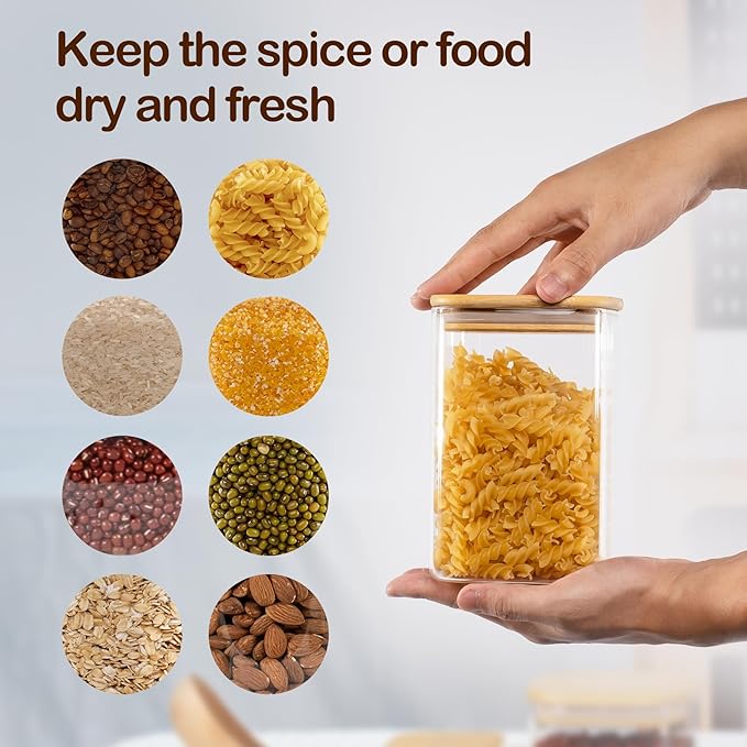 41oz Airtight Glass Square Storage Canister with Bamboo Lid Set of 4 (1200ml) Container Stackable Jar, Kitchen Canister for Pantry Noodles, Flour and Coffee beans (‎with Black Lable)