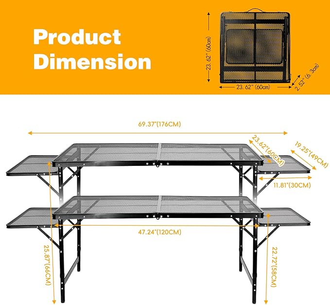 Grill Table Folding Table with 2 Wing Panels 4FT+1.77 FT with Mesh Desktop 3 Height Adjustable Portable Grill for Outdoor Indoor Beach BBQ Picnic Travel RV Black