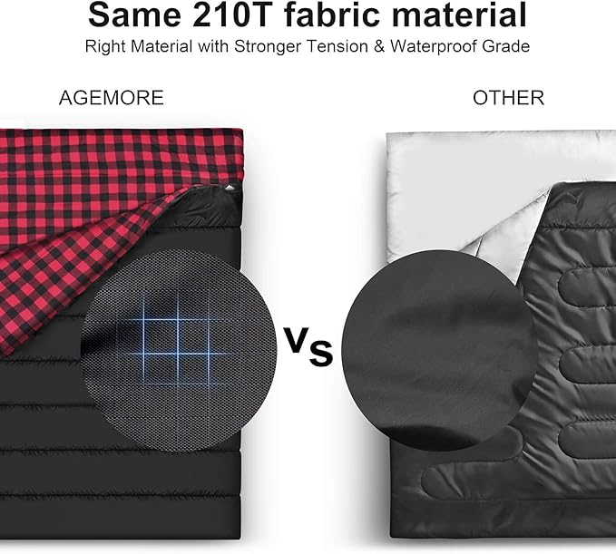 AGEMORE Cotton Flannel Double Sleeping Bag for Camping, Backpacking Or Hiking. Queen Size 2 Person Waterproof Sleeping Bag for Adults Or Teens. Lightweight with Compression Sack