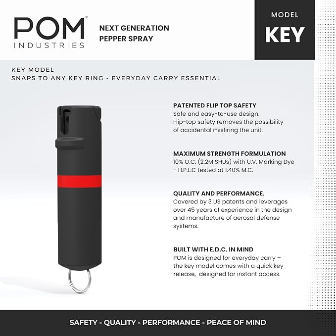 POM Pepper Spray Keychain, Quick Key Release for Instant Access, Flip Top Safety, Maximum Strength OC Formula with UV Marking Dye, 25 Bursts, 10 ft Range, 0.5 fl oz