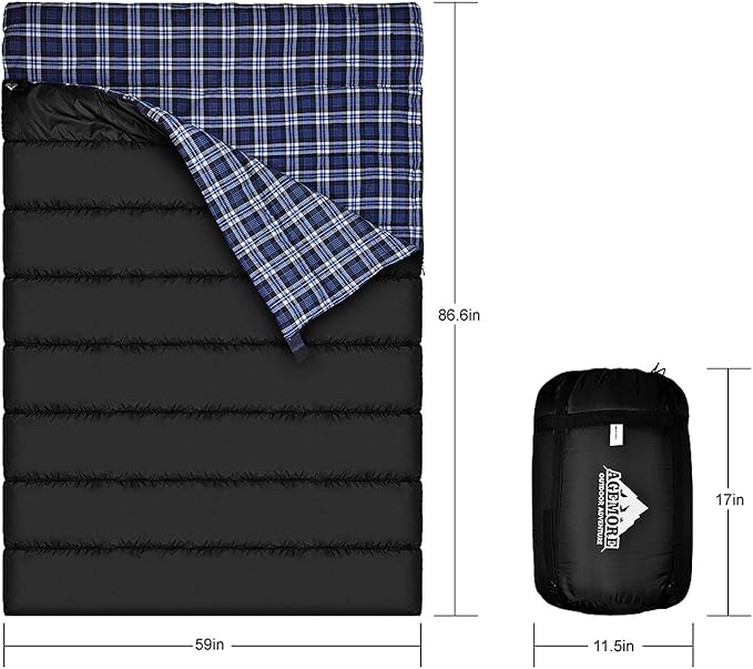AGEMORE Cotton Flannel Double Sleeping Bag for Camping, Backpacking Or Hiking. Queen Size 2 Person Waterproof Sleeping Bag for Adults Or Teens. Lightweight with Compression Sack