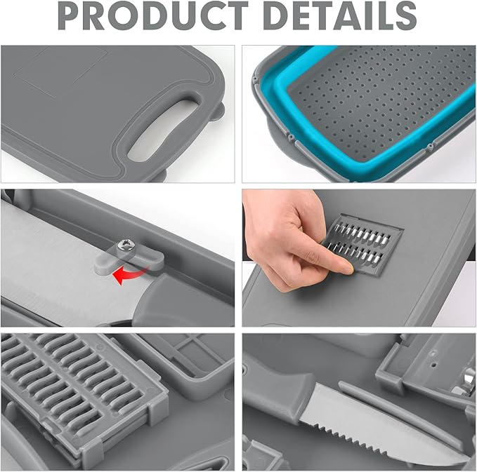 HI NINGER camping cutting board, Collapsible Chopping Board with Colander, 9-In-1 Multi Chopping Board Kitchen Vegetable Washing Basket for Camping,Camping Gifts Camping Accessories for RV Campers