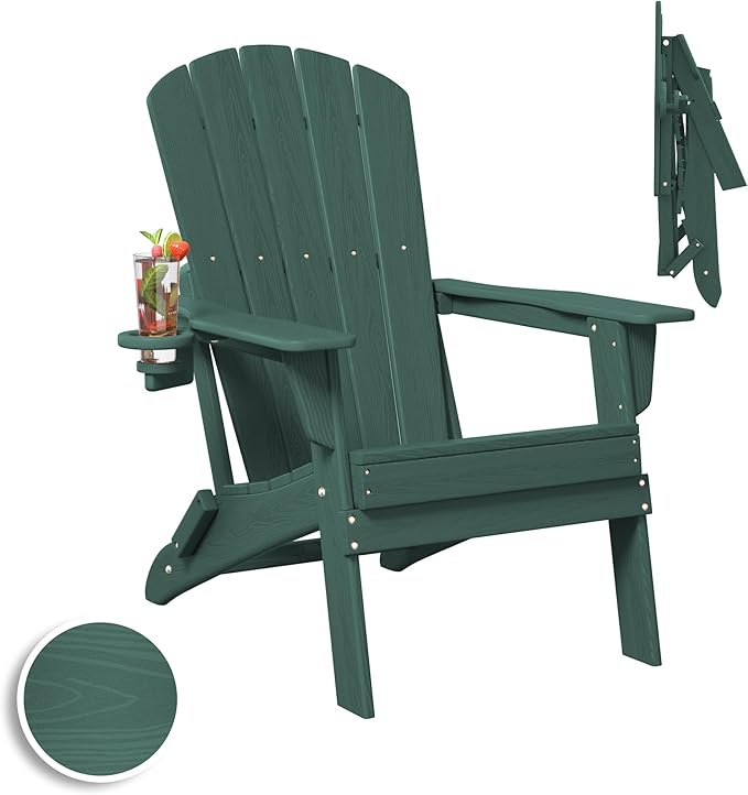 Folding Adirondack Chair, SGS Tested, Wooden Textured with Cup Holder, Heavy All-Weather HDPE Comfortable Set Poolside Backyard Lawn Green