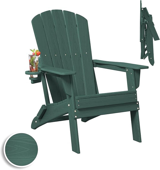 Folding Adirondack Chair, SGS Tested, Wooden Textured with Cup Holder, Heavy All-Weather HDPE Comfortable Set Poolside Backyard Lawn Green