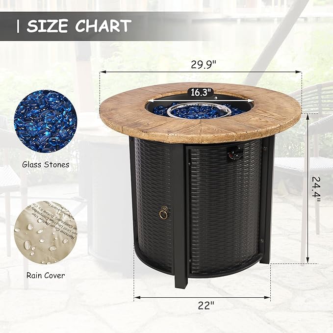 30 Inch Round Propane Fire Pit,50,000 BTU Iron Gas Firepit with Ignition Systems, w/Lid, Glass Stones,Outdoor Fire Table for Outside Patio,Deck-Black