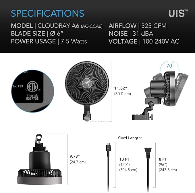 AC Infinity CLOUDRAY A6, Grow Tent Clip Fan 6” with Redesigned Long-Life EC Motor, Custom 10 Dynamic Wind Speeds, Weatherproof IP-54, Manual Swivel, for Hydroponics Circulation Cooling