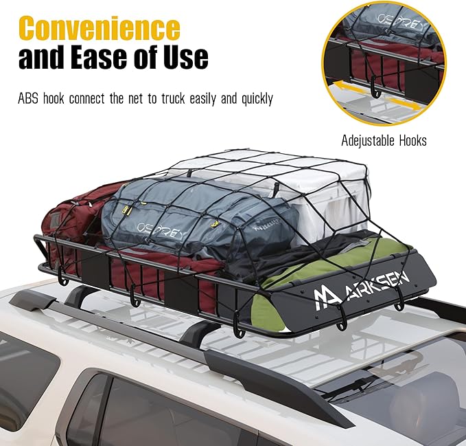 ARKSEN 36" x 48" Heavy Duty Tangle-Free Nylon Cargo Net (6" x 6" Mesh) Universal Bungee Stretches for Pickup, Truck, Bed, SUV, Roof Rack & Travel Luggage Rack