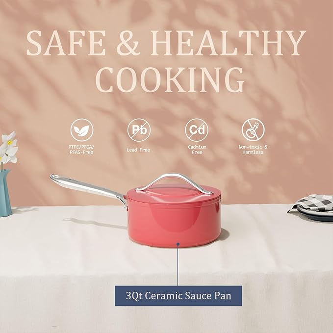 3.5qt Nonstick Ceramic Sauce Pan with Lid (8.19") Even Heat Distribution, Non Toxic & PFAS Free Healthy Cooking Pot for All Stovetops (Induction/Gas/Electric), Oven Safe 500°F, Fusion Red