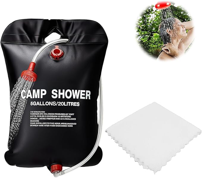 5 GallonsSolar Shower Bag with a Cotton Towel, 20L Portable Solar Heating Camping Shower Bag for Outdoor Traveling Hiking Summer Shower, Cold ＆ Hot Water Hiking Climbing (Black)