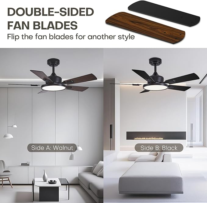 42" Ceiling Fans with Lights Remote Control, Black Ceiling Fan with Dimmable 3CCT LED Light, 6 Speeds Quiet Reversible Wood Ceiling Fan Light for Bedroom, Farmhouse, Garage, Office, Indoor Use