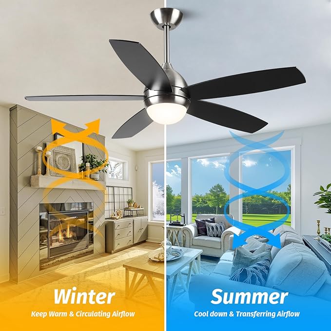 Brushed Nickel Ceiling Fan with Lights,52 Inch Ceiling Fans,6 Speeds,3 Color,Quiet DC Motor,Ceiling Fan with Remote Control for Bedroom Living Room Patio Kitchen