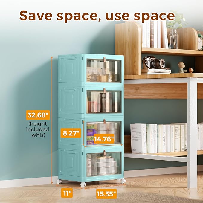 4 Tier Stackable Plastic Storage Bins with Lid and Wheels - 23 QT Closet Organizers and Storage, Foldable Storage Containers, Organization and Storage Boxes for Craft, Home, Pantry, Dorm,Green